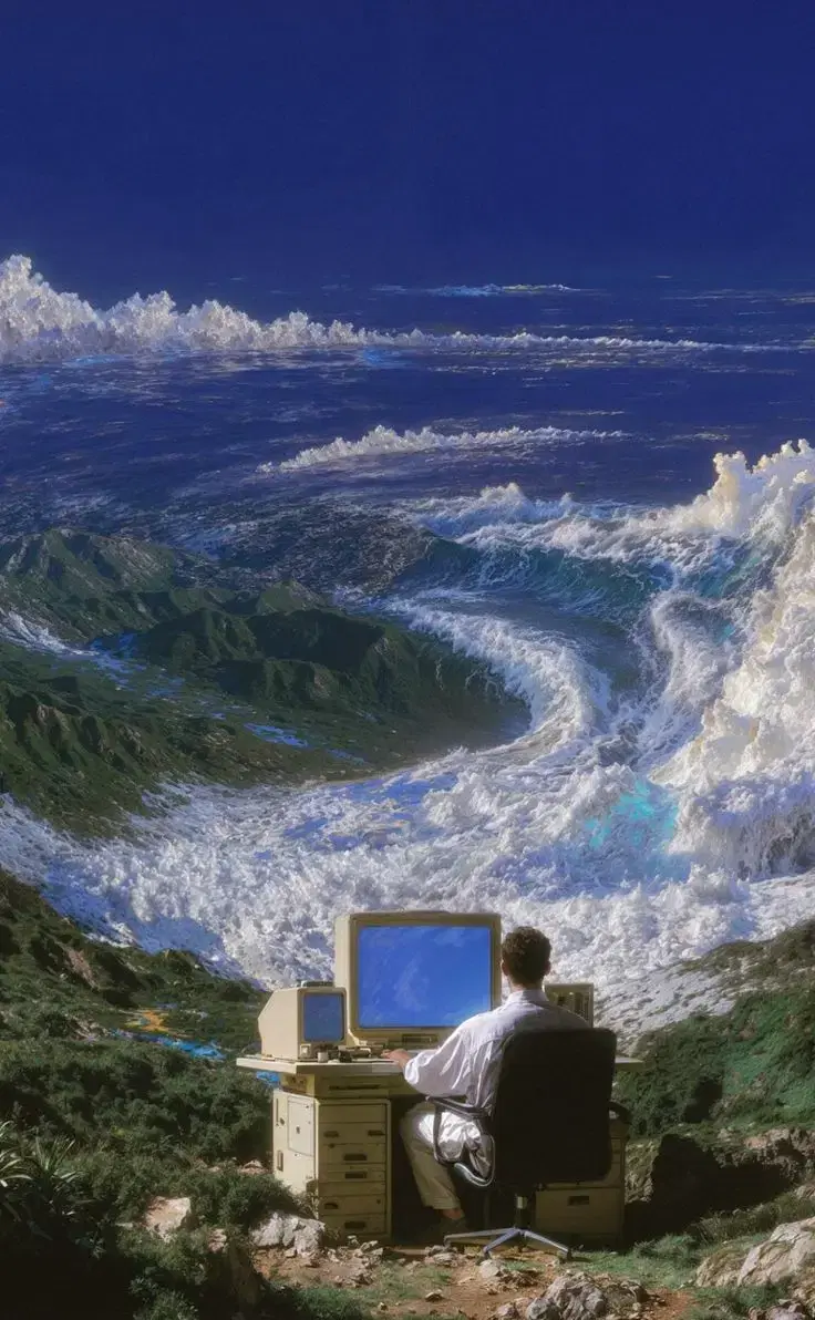 A man at a desk with two computers, working on a clifftop while an enormous wave breaks across the valley below.