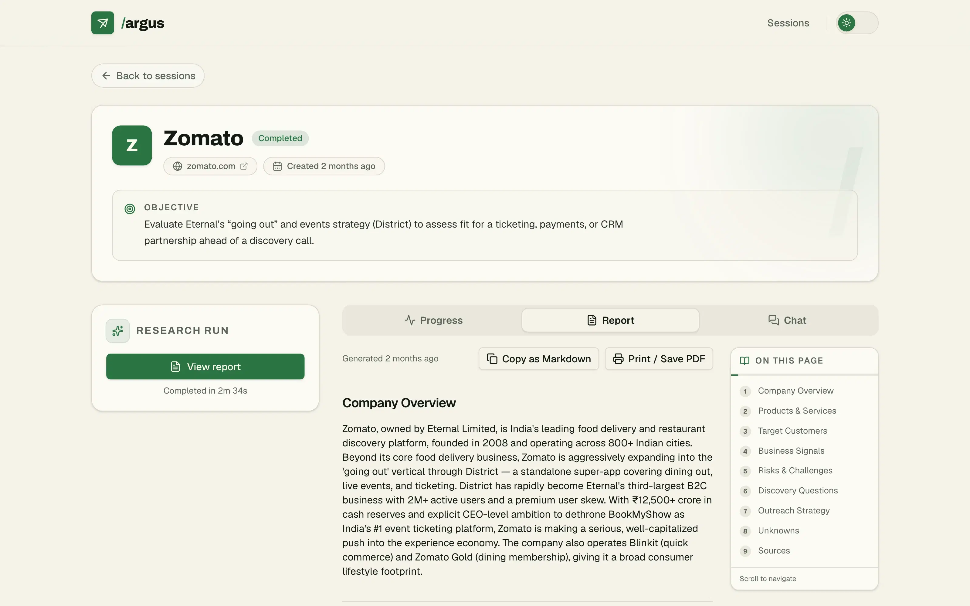 Argus research briefing for Zomato, showing the objective, the completed research run and the generated report